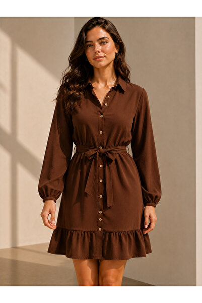 DEEP FAIR Women's Shirt Collar Belted Mini Dress Cm26El00234