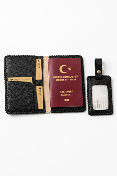 GAGA Deri Hakiki Dana Derisi Pasaportluk ve Valiz Etiketi Seti Unisex