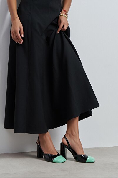 NİŞANTAŞI SHOES Solea Black Patent Leather Green Toe Detail Thick Heeled Wome...