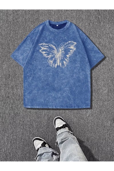Toum Butterfly Printed Washable Vintage Unisex Oversize T-Shirt