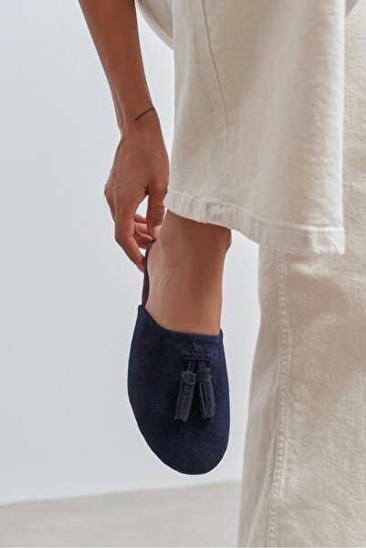 NİŞANTAŞI SHOES Nella Navy Blue Genuine Suede Leather Tassel Detail Flat Sole...