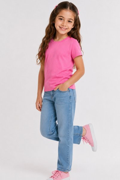 KİAGU Pink Short Sleeve Basic T-Shirt - Non-Sweating Flexible Fabric Cotton Seasonal Pink Short Sleeve Girls' Tshirt