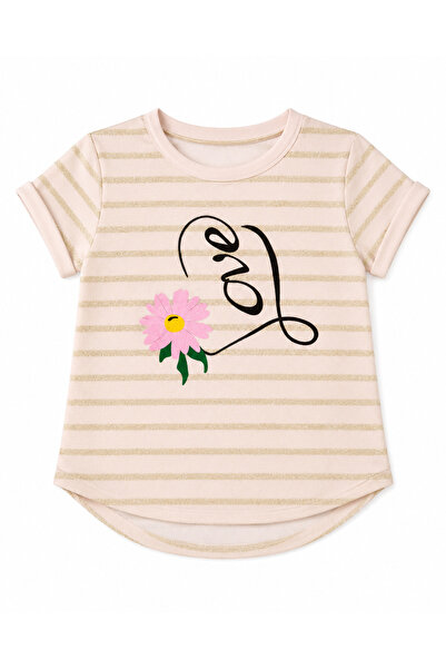 Generic Girls' Gold Striped Love Print Short Sleeve T-Shirt 8Y