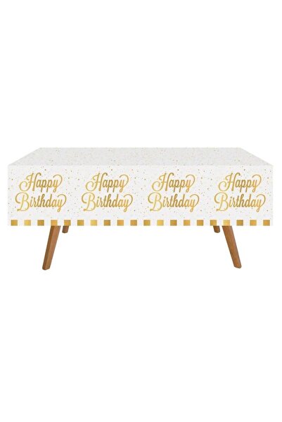 Baloane Vesele Happy Birthday Party Tablecloth White Gold FDM63