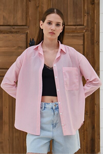 Lavix Pink Women's Striped Oversized Shirt with Wrinkle Detail