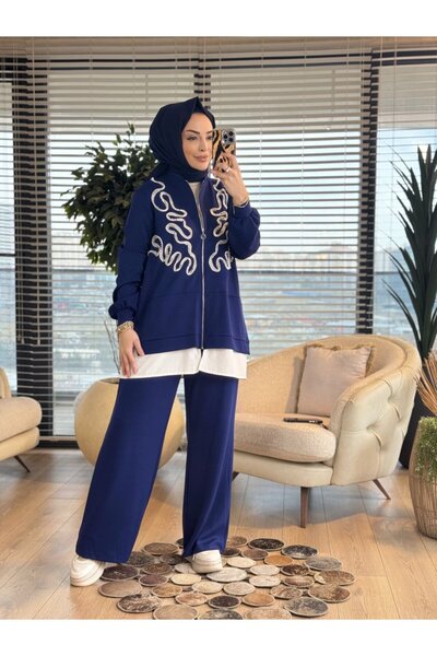 ORHAN STORE 02-2807 بدلة بسحاب من الأمام مع حبل علوي ومرصع باللؤلؤ باللون الأ...