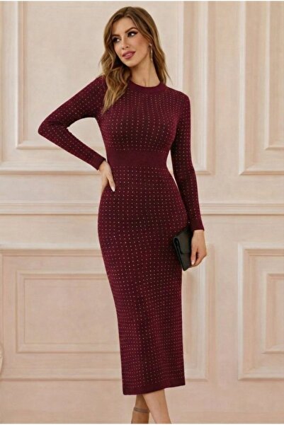 Livizmir Moda Women's Long Sleeve Crew Neck Rhinestone Midi Velvet Dress