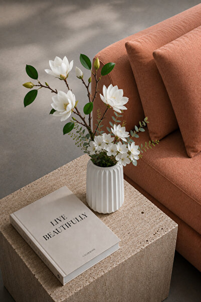 ZURİ DESİGN Dekoratif Beton Vazo 15 cm – Modern Çizgili Silindir Vazo – Beyaz...