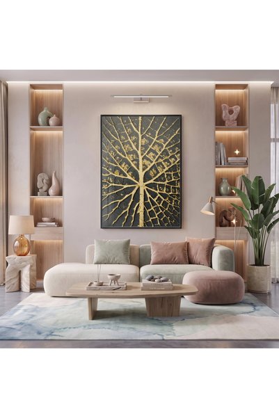 KOLAJTASARIM Leaf Vein Gold Black Shades Tablou din sticlă cu ramă metalică u...