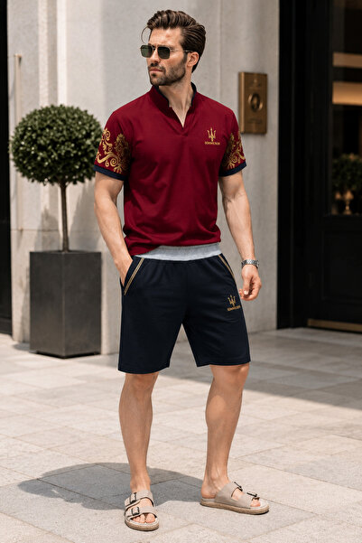 Oxledo Men's & Women's Burgundy Judge Collar Patterned T-Shirt and Navy Blue ...