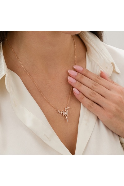 ATALYA ACCESSORY Butterfly Model Zircon Stone Rose Color Steel Necklace