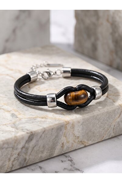 Parmas Design Leopard Eye Natural Stone Steel Detailed Adjustable Leather Men...