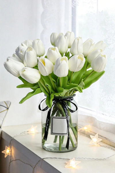 H&E LUXURY DESIGN 8 Adet Islak Gerçekçi Beyaz Solmayan Lale Yapay Çiçek 35 Cm