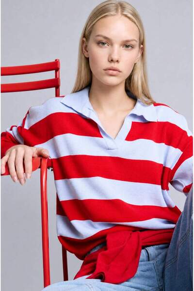 DeFacto Oversized Polo Collar Red Sweater I3297Ax26Au