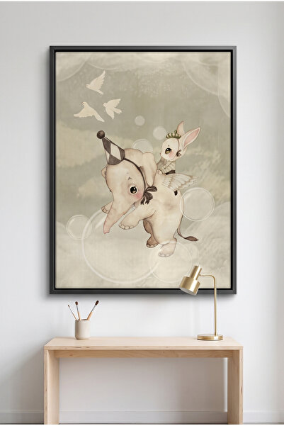 Jasmine Art Whimsical Elephant and Bunny Kids Wall Art | Portrait Framed Canv...