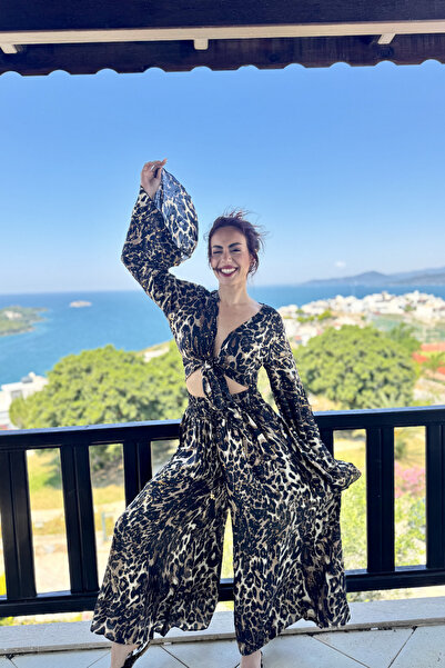 zarivabutik Leopar Desenli İthal Bohem İpek Pantolon Takım (34/48 STD)