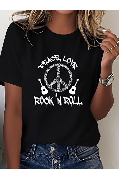 NOURAM تي شيرت نسائي بطبعة جيتار Peace Love N Roll - قميص شبه شفاف بأكمام قصي...