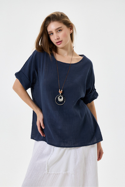 della moor Navy Blue Italian Oversize Blouse with Necklace, Size 40 - 44