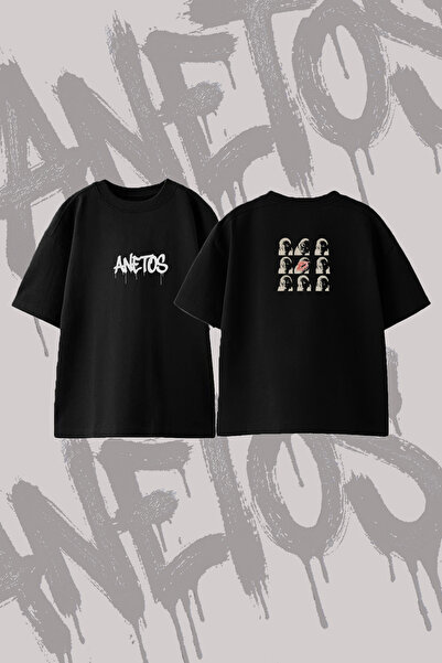 Anetos Popart Opucuk Design Back Printed Cotton Black Oversize T-Shirt