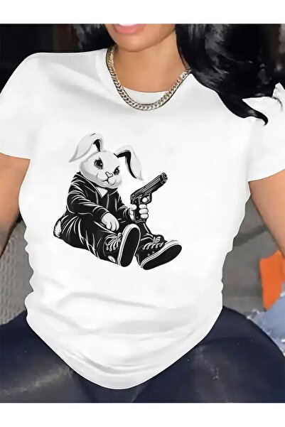 En22 تي شيرت بأكمام قصيرة مع رسومات أرنب يحمل مسدسًا، مصنوع من قماش قطني متين...