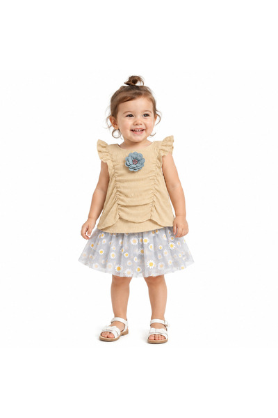 Genericc Girls' Set Ruffled Sleeve Crumpled Top and Floral Tulle Skirt