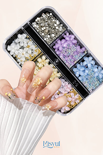 Misyul Tırnak Süsleme Pastel Çiçek ve Taşlı Charm Seti 6'lı Nail Art Tırnak S...