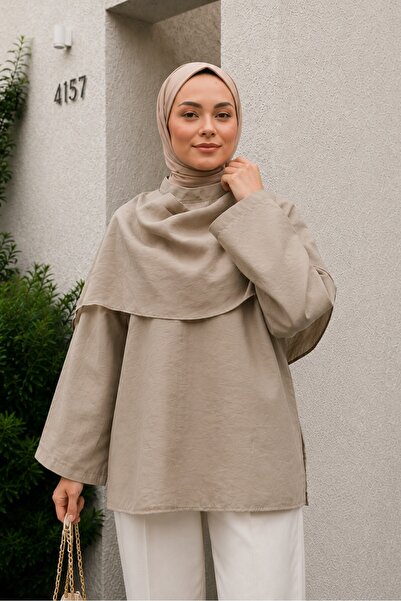 Lunfia Çıkarılabilir Pelerinli Oversize Modal Bluz - Vizon