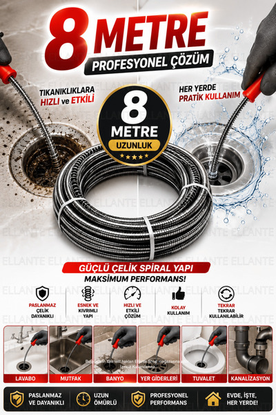 ellante 8 Metre Profesyonel Spiral Gider Açma Sustası Teli Lavabo Boru Kanali...