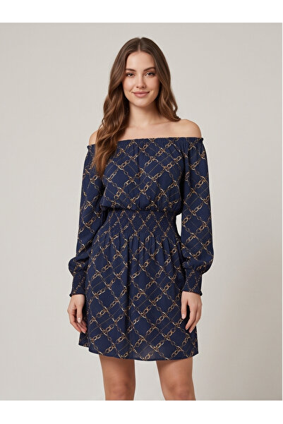 gökçesu Women's Carmen Collar Long Sleeve Elastic Waist Mini Dress