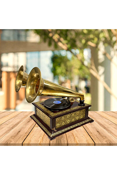 Al Athar Arts جرامافون عتيق وكلاسيكي مع مكبرات صوت نحاسية مزدوجة بتشطيب خشبي ...