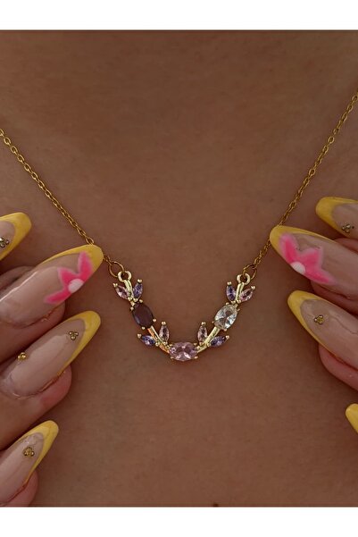 lumirajewel pastel taşlı v kolye | çelik
