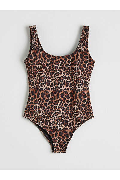 LC Waikiki Vizyon New Season U-Neck Leopard Patterned Women's Swimsuit
