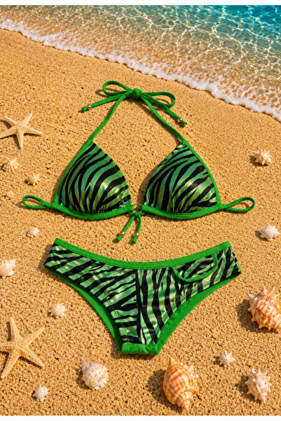Nobrand Costum de baie damă 2 piese, verde cu imprimeu zebră, sutien triunghi...