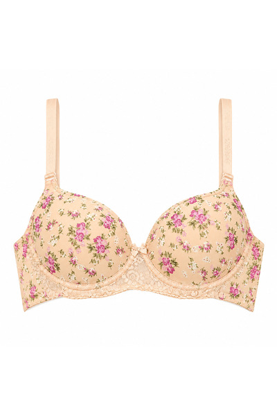 Generic Bra with Floral Print and Lace, Size 46, Beige |   Padded Cup with Un...