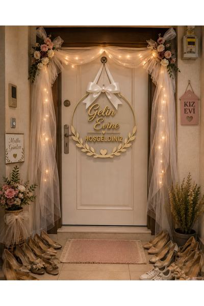 Lila Park Kız Evine Hoşgeldiniz Kapı Süsü Gelin Evi Kapı Süsü Gold Pleksi MDF...
