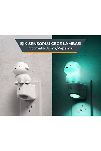 wiks Priz Tipi Akıllı LED Gece Lambası, Otomatik Sensörlü RGB Köpek Figürlü Oda Aydınlatması