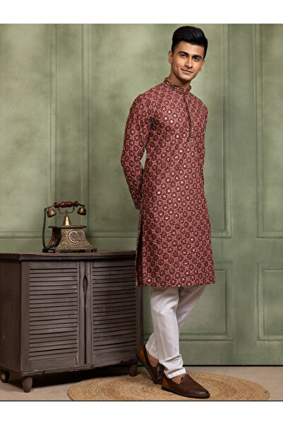 Devoiler Mens Maroon Embellished Cotton Kurta Set