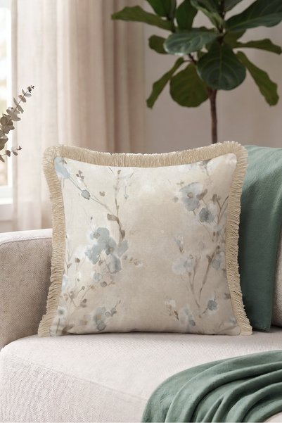 Evimde Bambaşka Floral Pastel Floral Fringe Pillowcase - Romantic Botanical Blue Mink Tassel Throw Pillow Cover