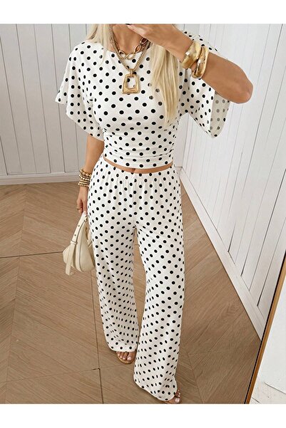 Wild Flower Women's Polka Dot Two-Piece Set Crop Blouse Wide-Leg Pants