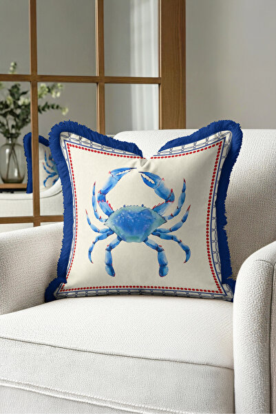 Evimde Bambaşka Sea Crab Patterned Stylish Marine Fringed Pillowcase - Coasta...