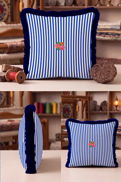 Evimde Bambaşka Striped Floral Fringed Pillowcase - Marine Bohemian Navy Blue...