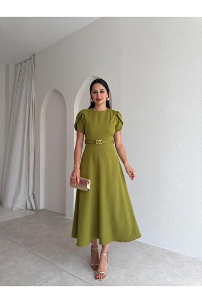 Mooi Butik ALORAH Kemerli Midi Elbise 3679 - Yağ Yeşili
