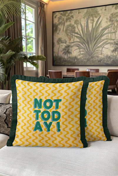 Evimde Bambaşka Retro Wavy Not Today Fringed Pillowcase - Text Themed Yellow ...