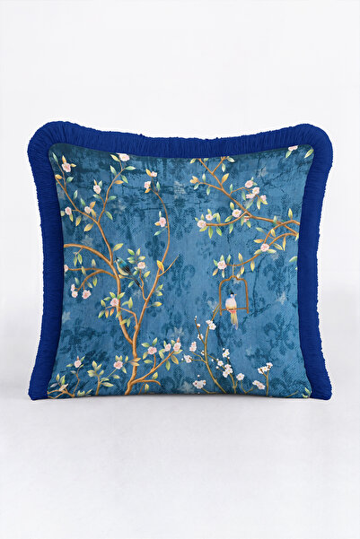 Evimde Bambaşka Luxury Bird and Floral Spiral Branch Fringed Pillowcase-Exoti...