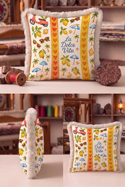Evimde Bambaşka Summer Tropical Lemon Heart Pattern Fringed Pillowcase - Coas...