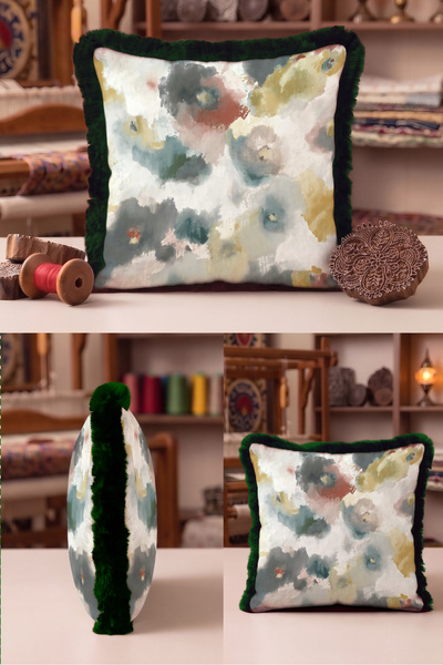 Evimde Bambaşka Abstract Floral Artistic Fringed Pillowcase-Aquarelle Floral ...