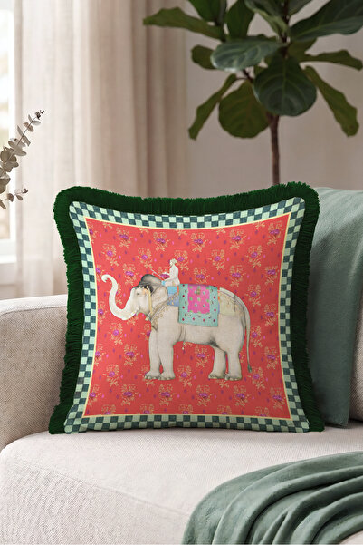 Evimde Bambaşka Authentic Fringed Pillowcase with Exotic Elephant Pattern - P...