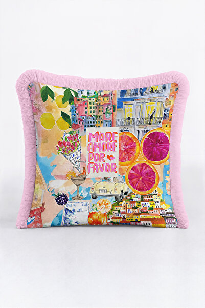 Evimde Bambaşka Mediterranean City Collage Fringed Pillowcase-Holiday Themed ...