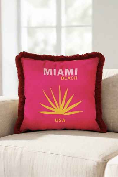 Evimde Bambaşka Exotic Tropical Palm Fringed Pillowcase - Summer Boho Pink Bu...