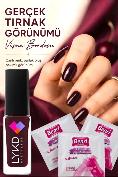 lykd Mulbery Vişne Bordosu Oje & 3 Adet Oje Silici Asetonsuz Mendil Oje Çıkarıcı